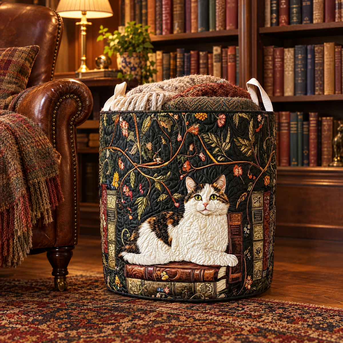 Tamara hand-quilted laundry basket with a calico cat resting on old books among dark floral vines, in a living room with bookshelves
