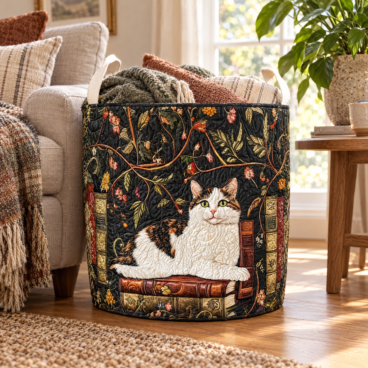 Tamara hand-quilted laundry basket with a calico cat resting on old books among dark floral vines, beside an armchair