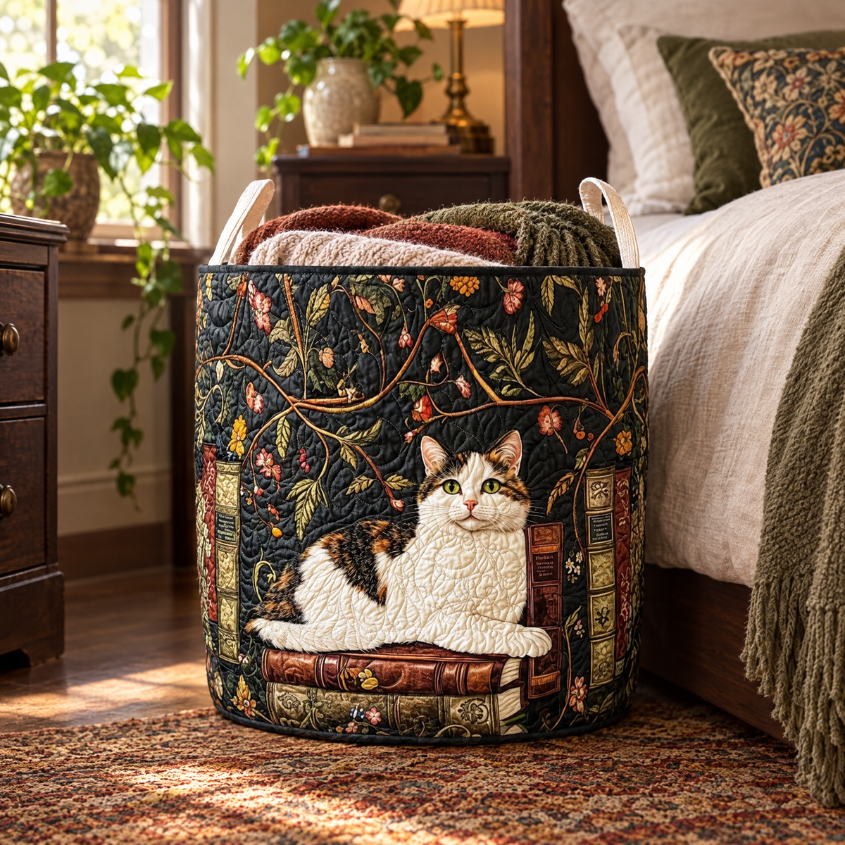 Tamara hand-quilted laundry basket with a calico cat resting on old books among dark floral vines, in a bedroom