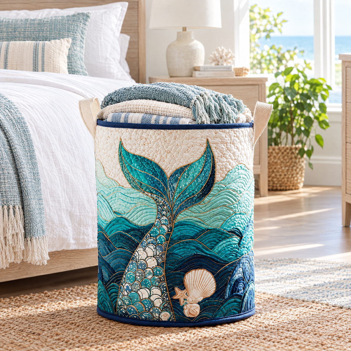 Rina hand-quilted laundry basket with a teal mermaid tail rising from the waves, in a bedroom