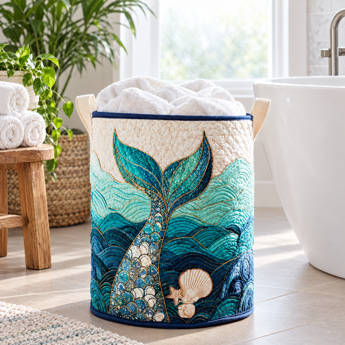 Rina hand-quilted laundry basket with a teal mermaid tail rising from the waves, in a bathroom