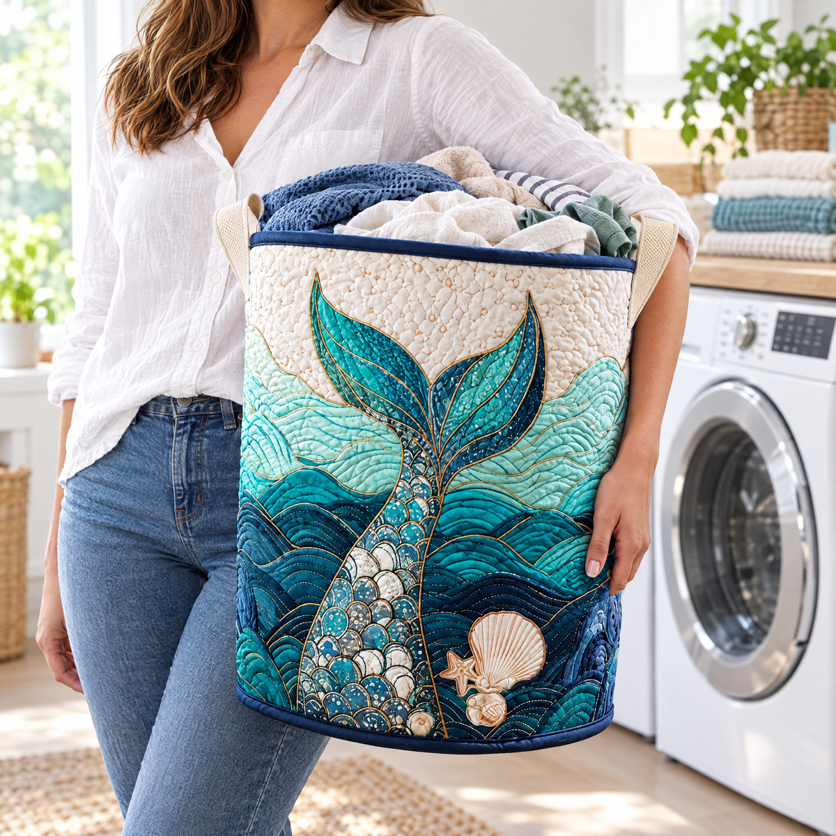 Rina hand-quilted laundry basket with a teal mermaid tail rising from the waves, carried in a laundry room
