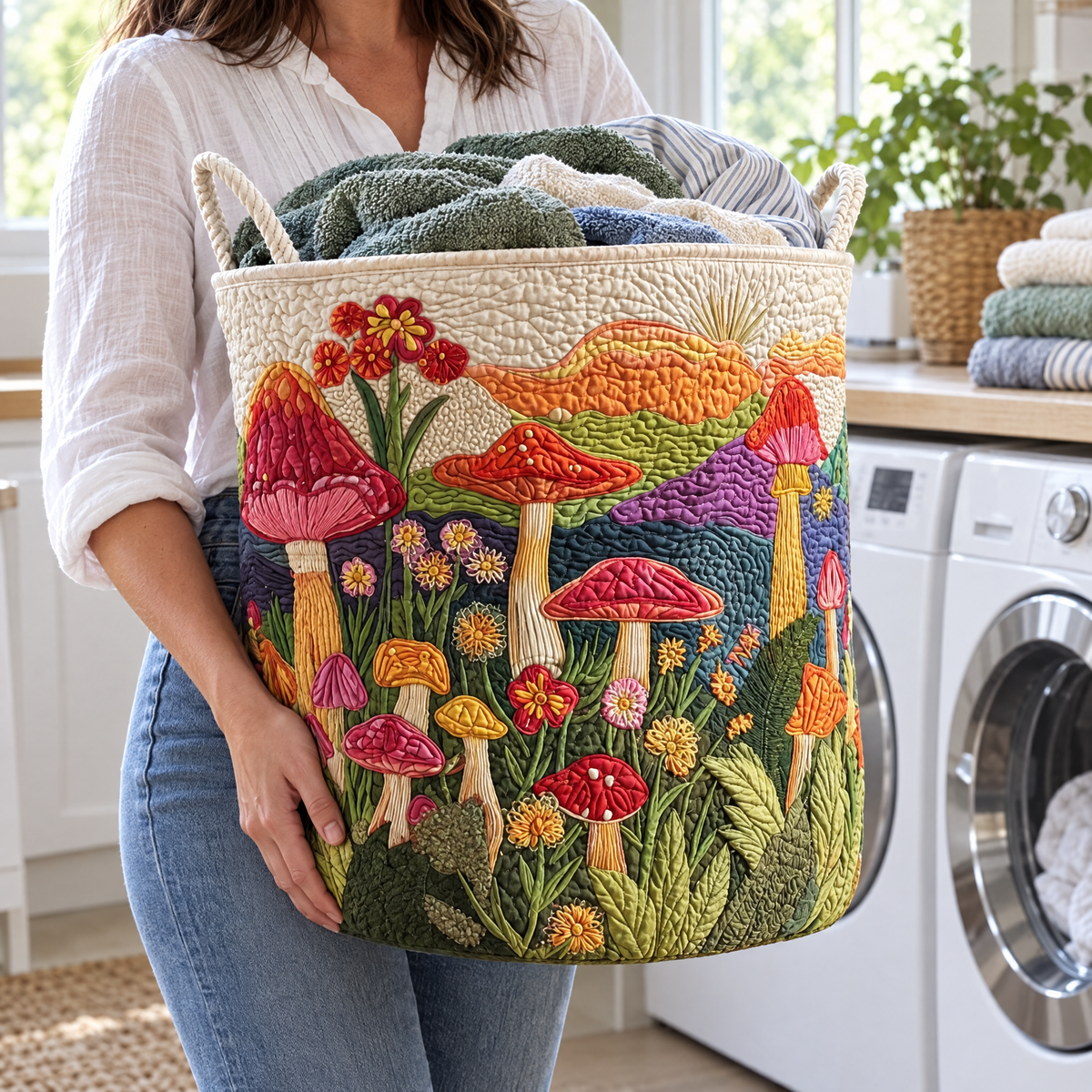 Priscilla hand-quilted laundry basket with toadstools and wildflowers beneath colourful hills, carried in a laundry room