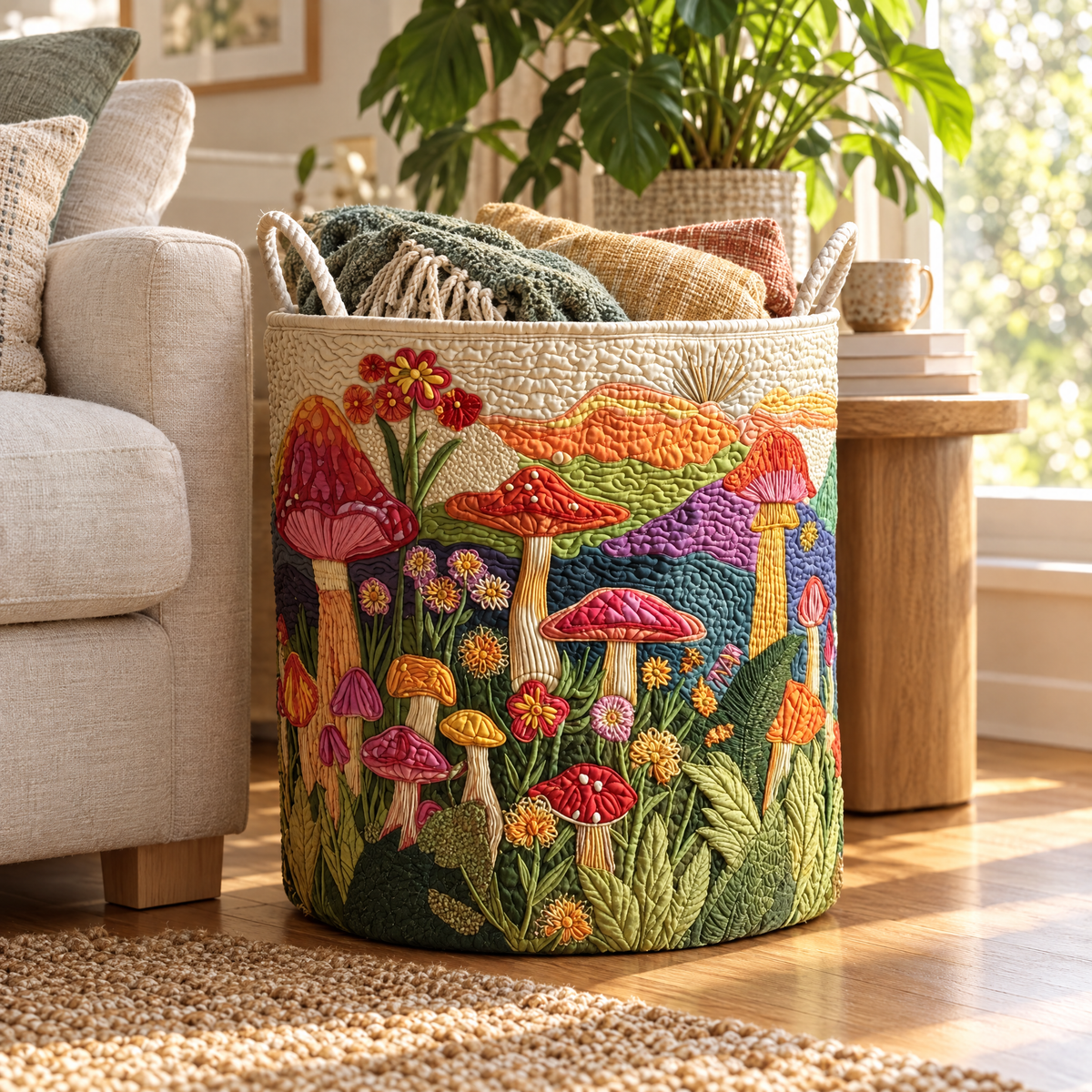 Priscilla hand-quilted laundry basket with toadstools and wildflowers beneath colourful hills, in a living room