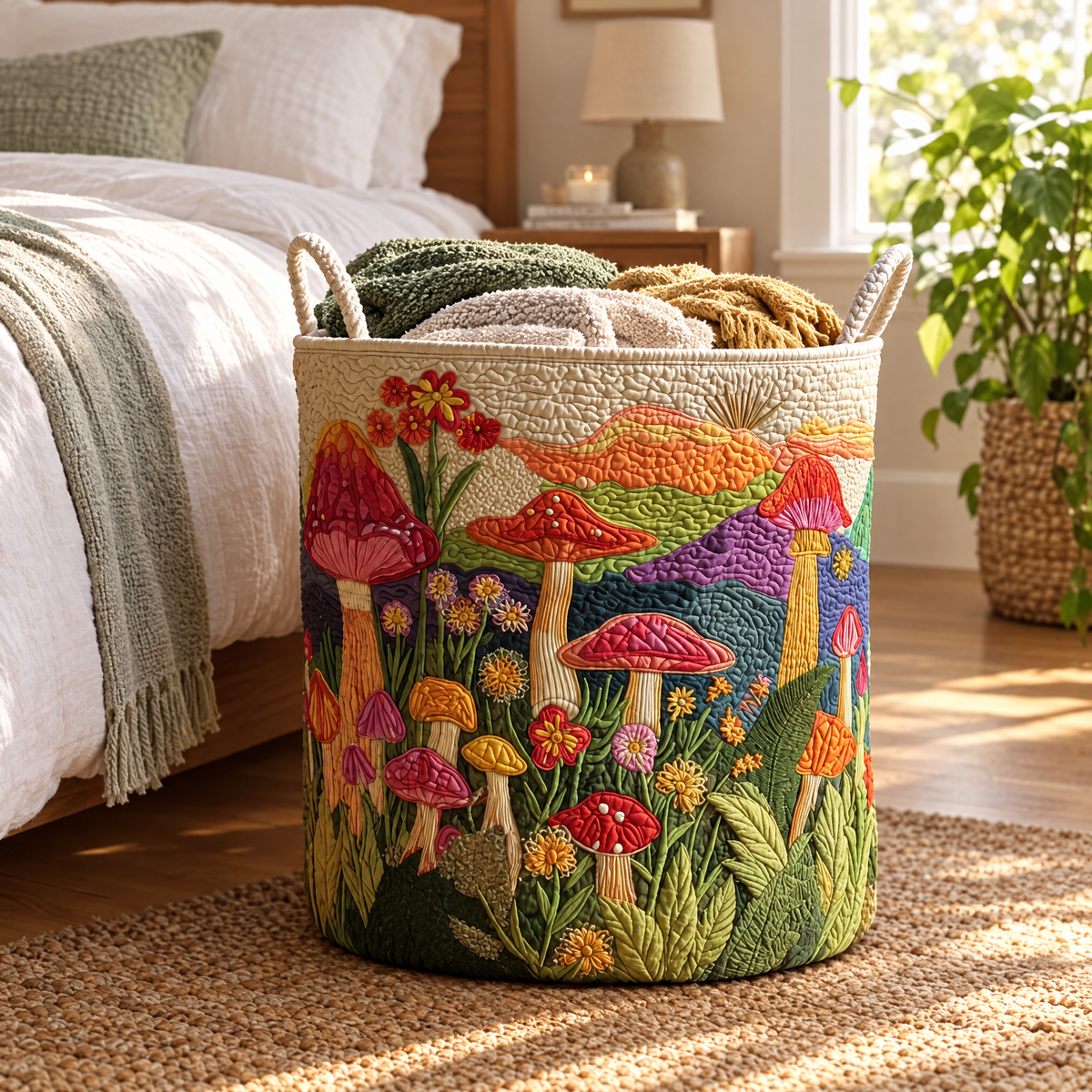 Priscilla hand-quilted laundry basket with toadstools and wildflowers beneath colourful hills, in a bedroom