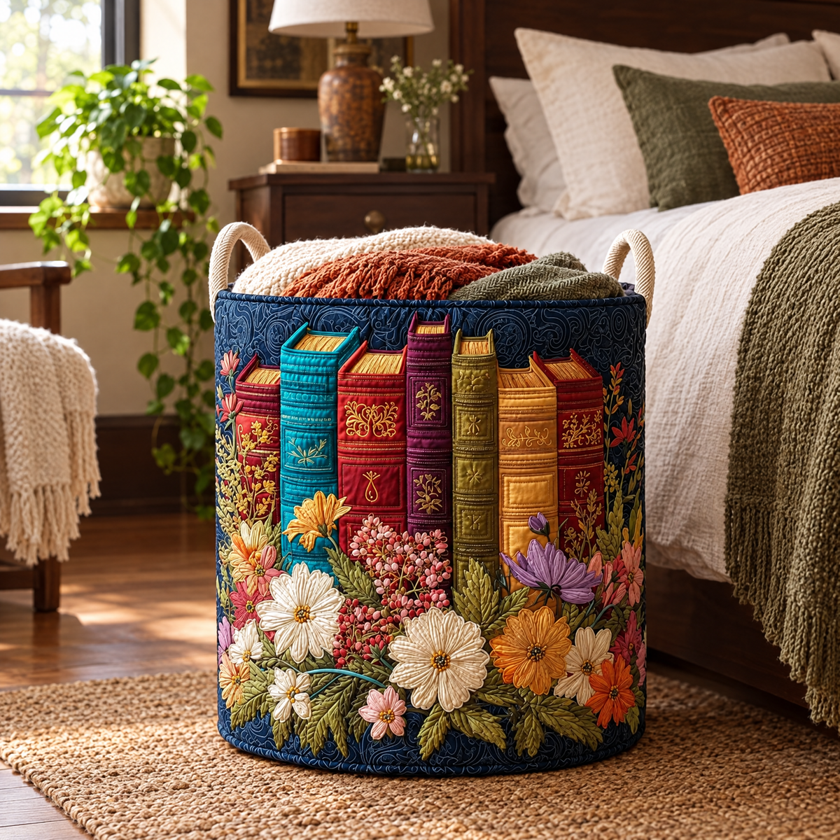 Martina hand-quilted laundry basket with book spines and wildflowers, styled in the home