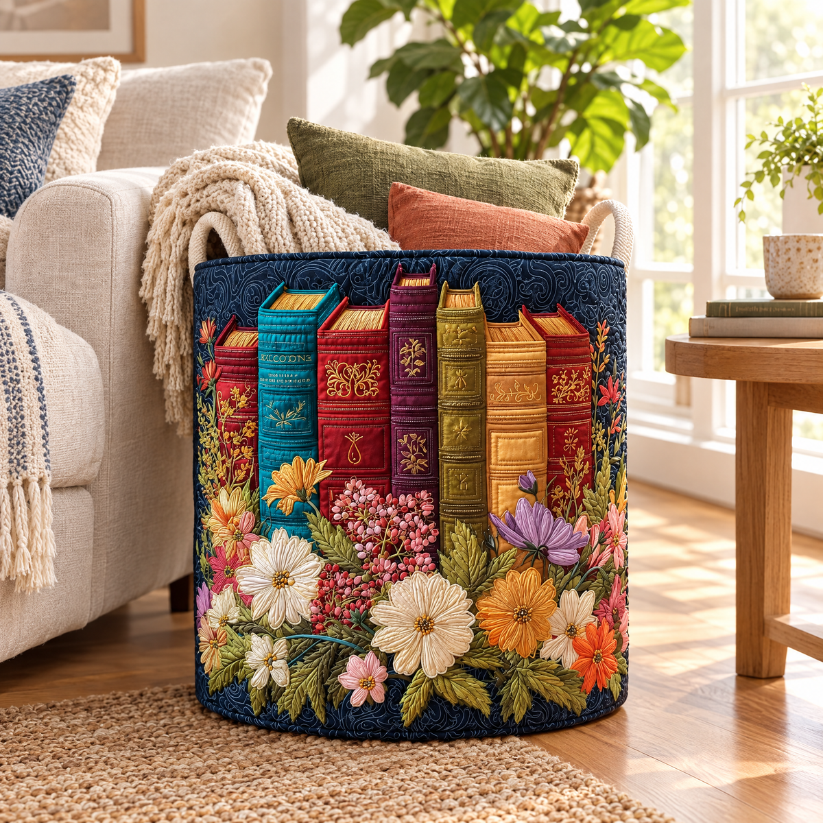Martina hand-quilted laundry basket with book spines and wildflowers, styled in the home