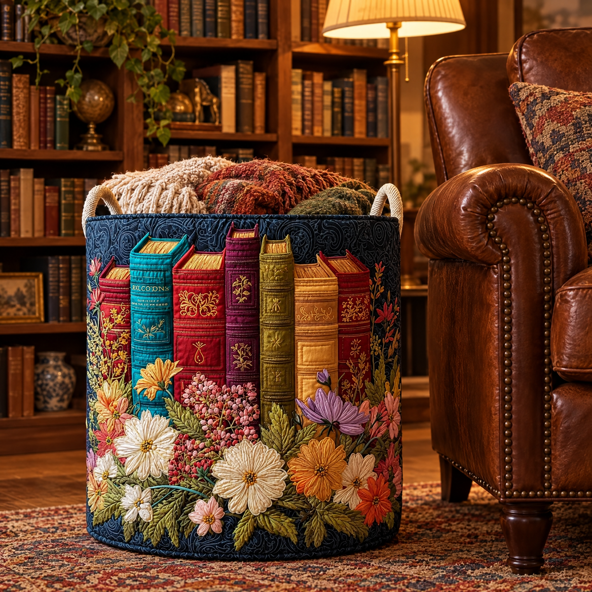 Martina hand-quilted laundry basket with book spines and wildflowers, styled in the home