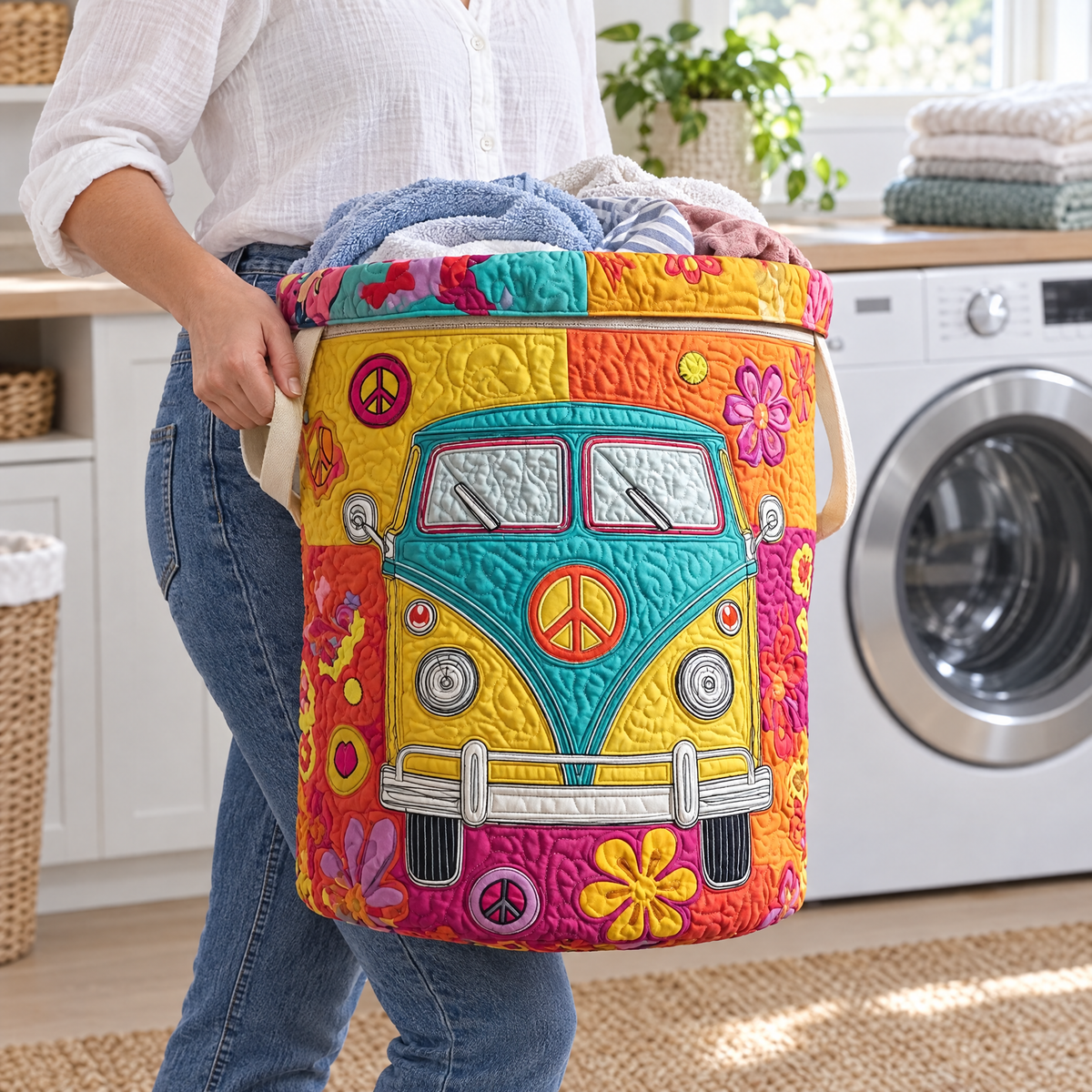Nicoletta hand-quilted laundry basket with a retro camper van and peace signs, styled in the home