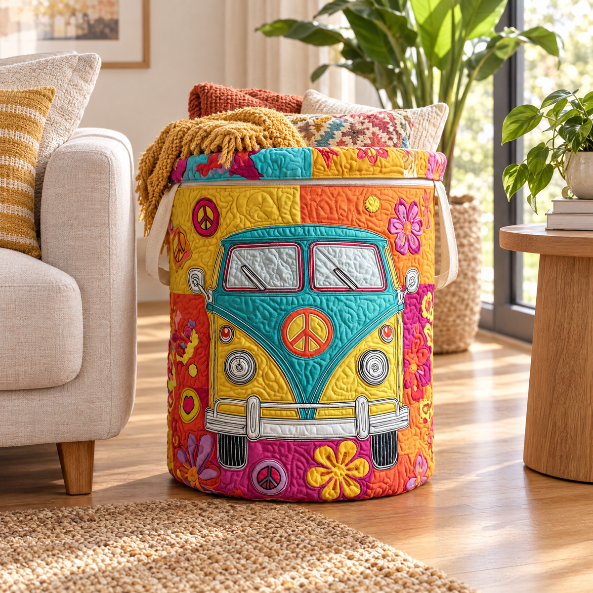 Nicoletta hand-quilted laundry basket with a retro camper van and peace signs, styled in the home