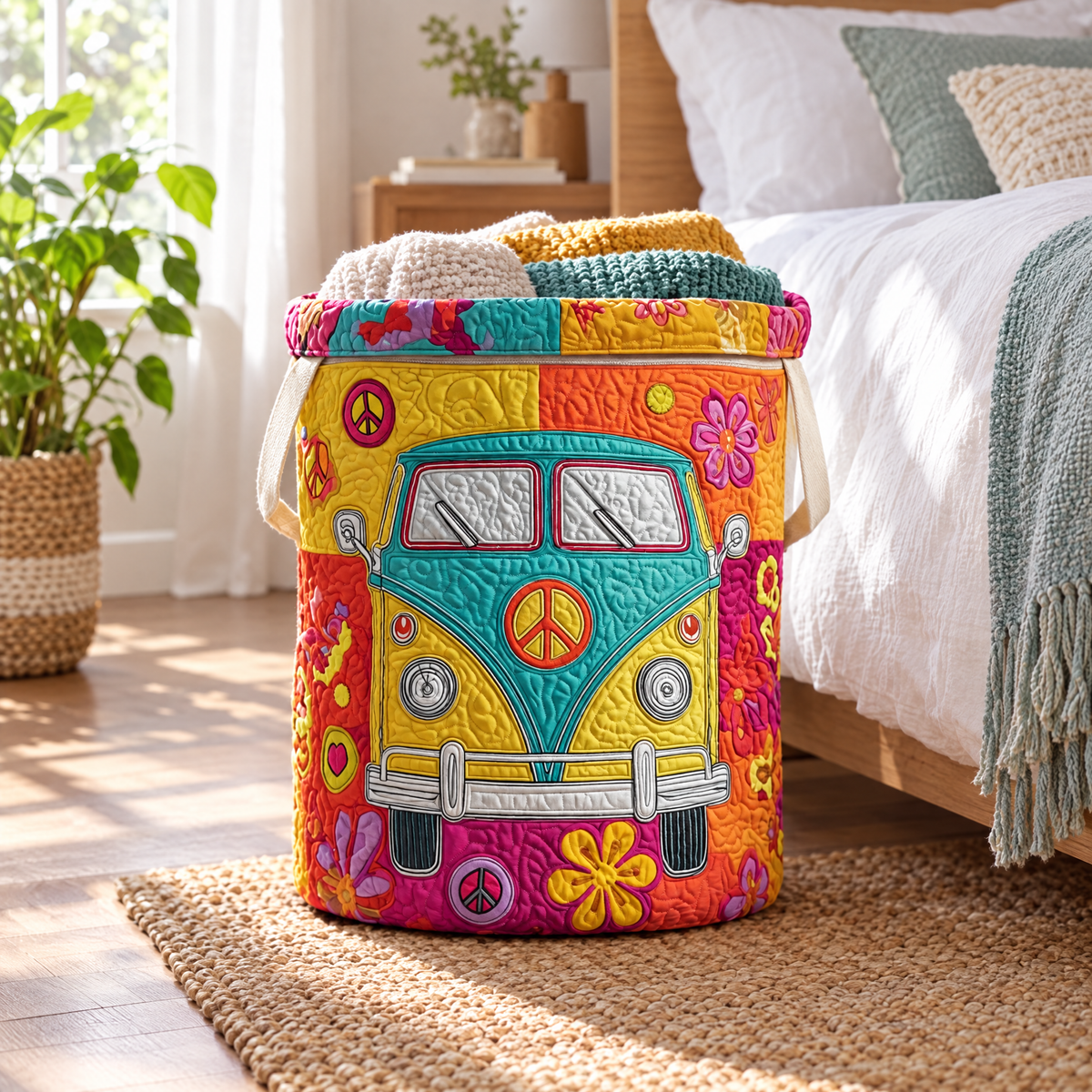 Nicoletta hand-quilted laundry basket with a retro camper van and peace signs, styled in the home
