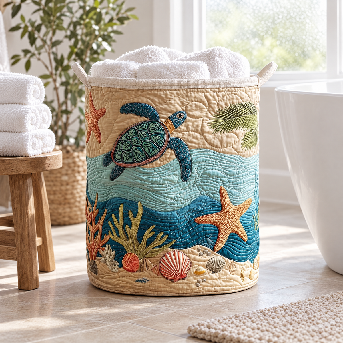 Ottavia hand-quilted laundry basket with a sea turtle, starfish and shells, styled in the home