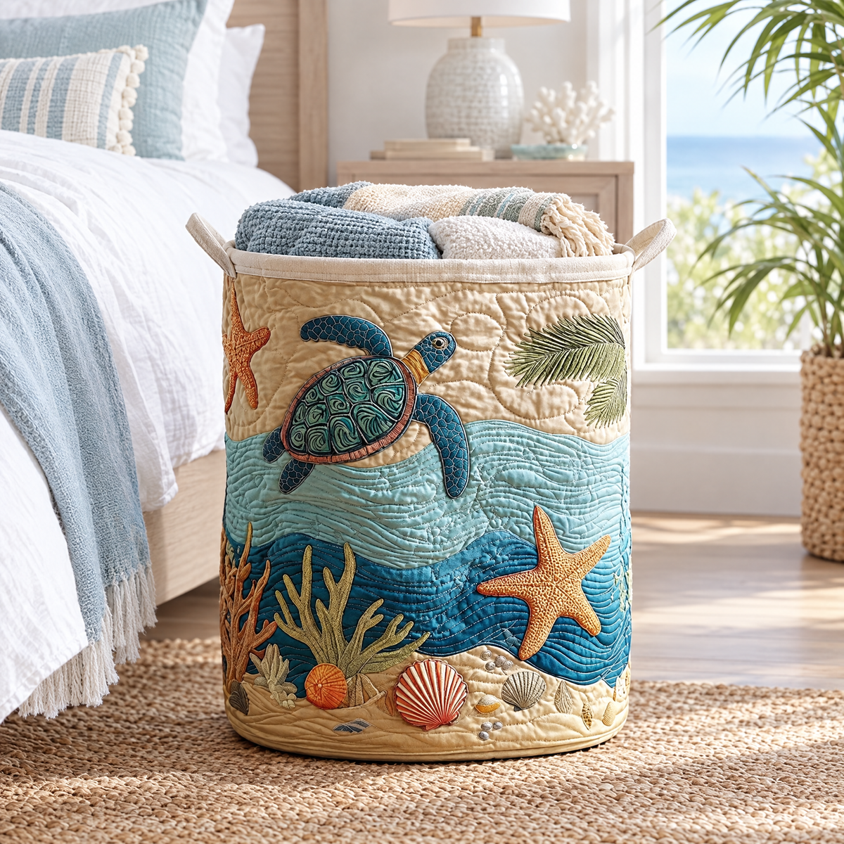 Ottavia hand-quilted laundry basket with a sea turtle, starfish and shells, styled in the home