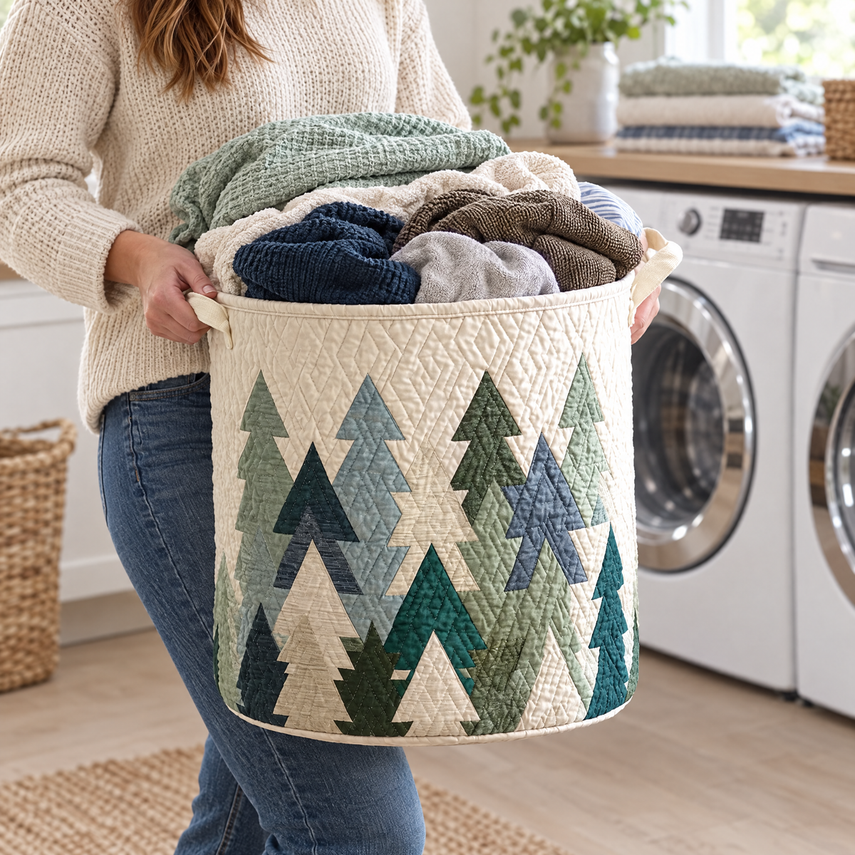 Sabrina hand-quilted laundry basket with geometric pine trees in soft greens, carried in a laundry room