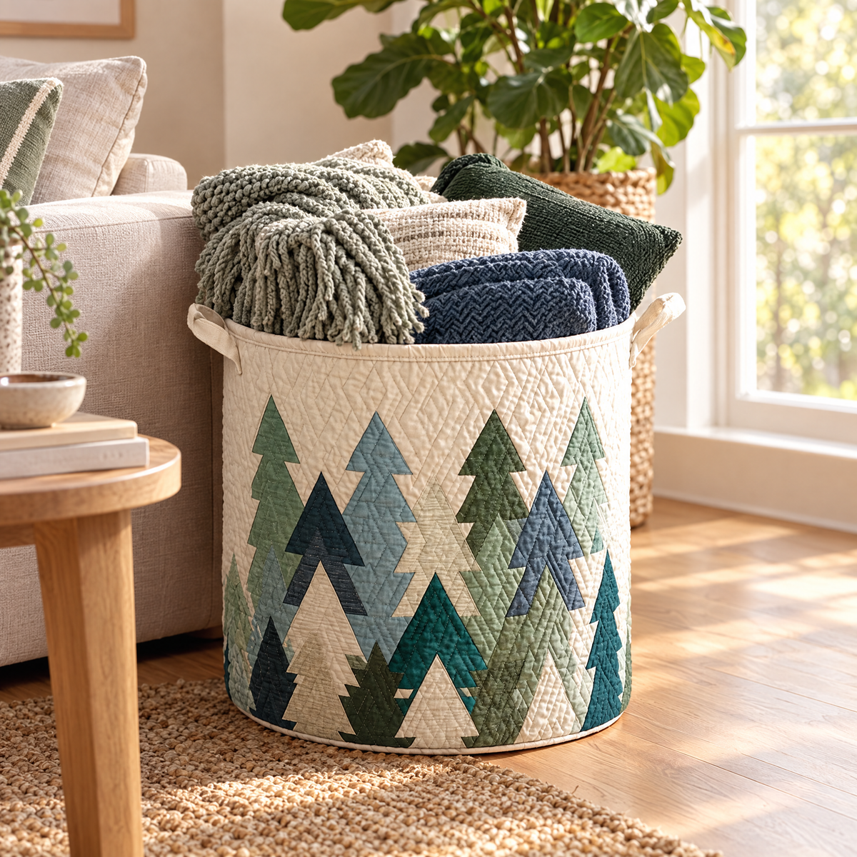 Sabrina hand-quilted laundry basket with geometric pine trees in soft greens, in a living room