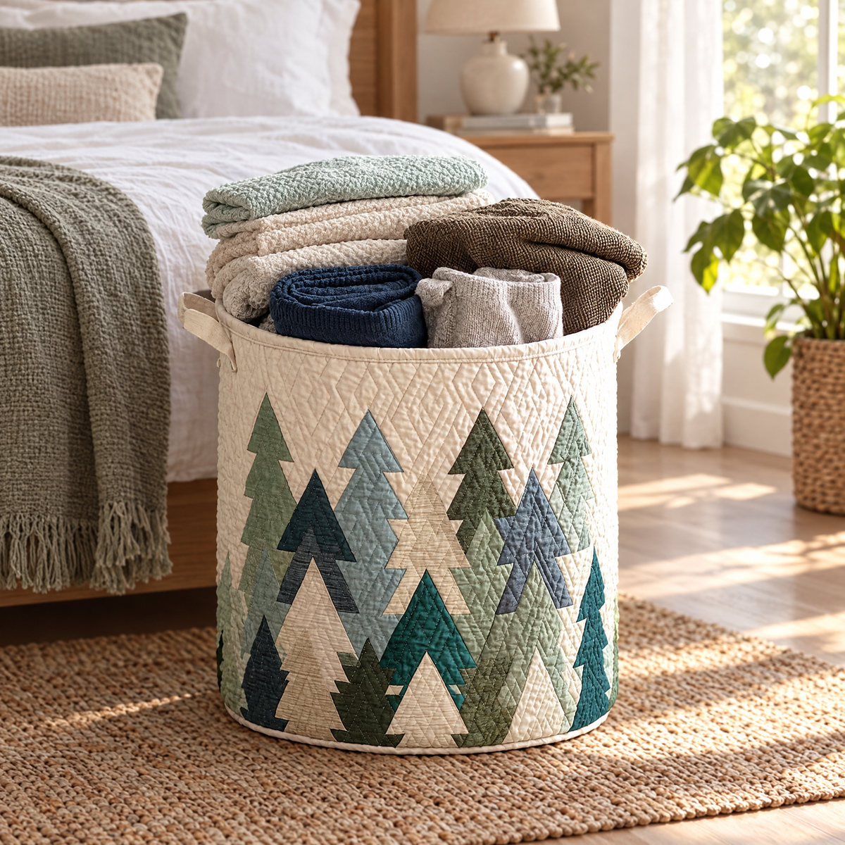 Sabrina hand-quilted laundry basket with geometric pine trees in soft greens, in a bedroom