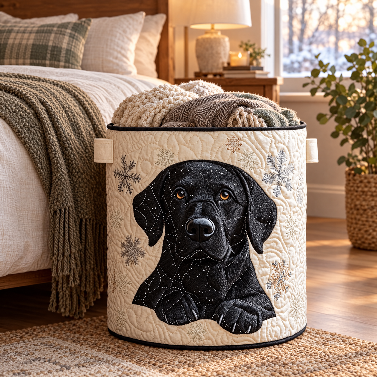 Velia hand-quilted laundry basket with a black Labrador surrounded by soft snowflakes, in a bedroom
