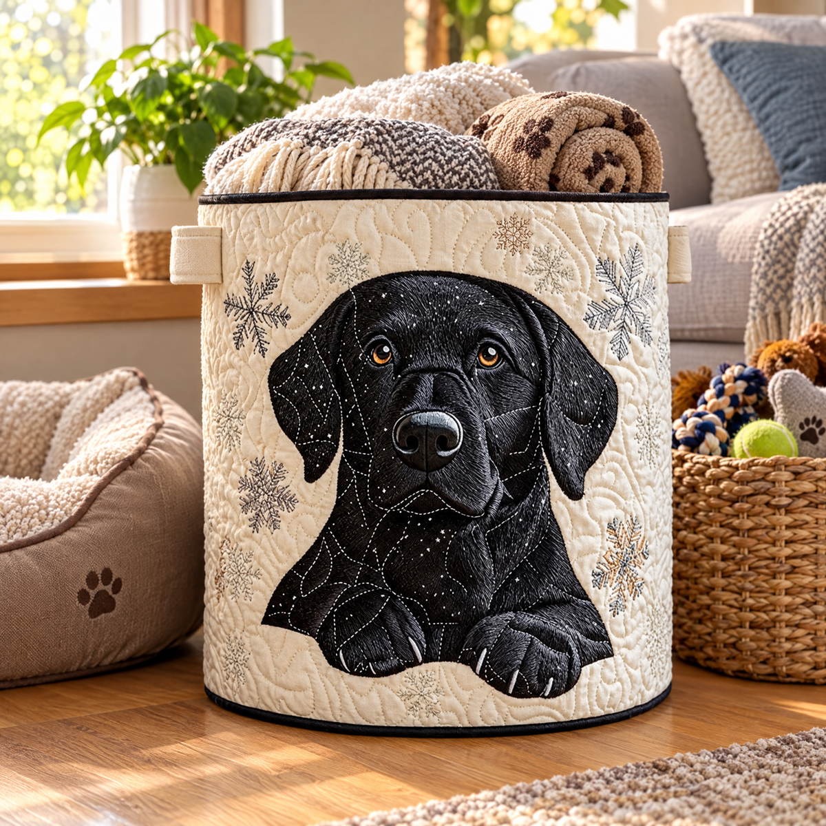 Velia hand-quilted laundry basket with a black Labrador surrounded by soft snowflakes, in a living room