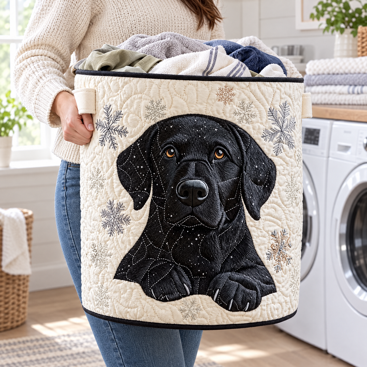 Velia hand-quilted laundry basket with a black Labrador surrounded by soft snowflakes, carried in a laundry room