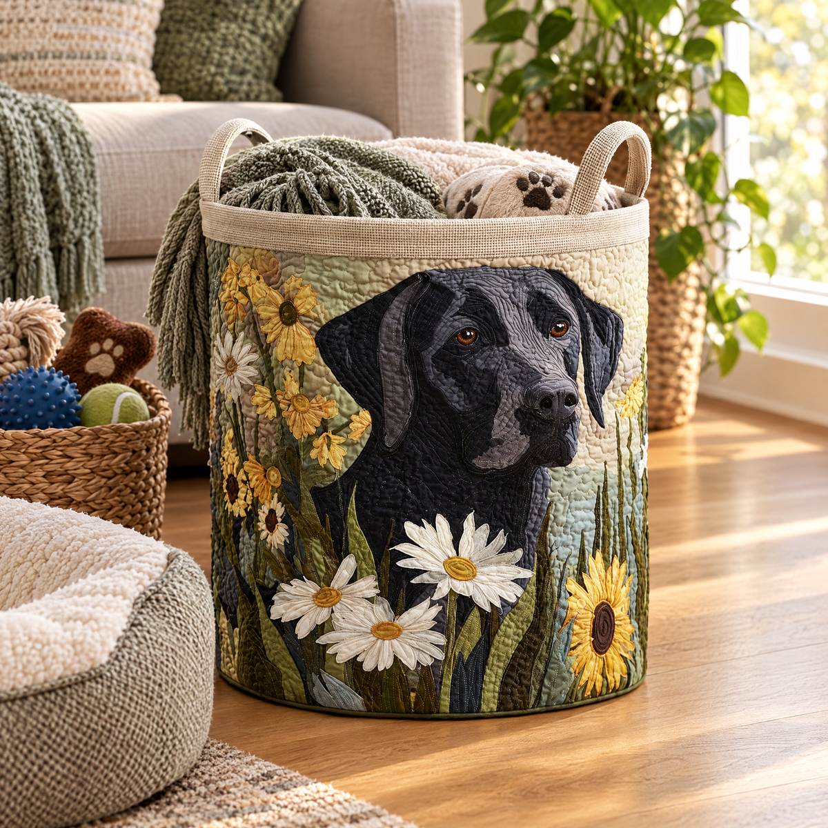 Sofia hand-quilted laundry basket with a black Labrador among daisies and sunflowers, in a bedroom