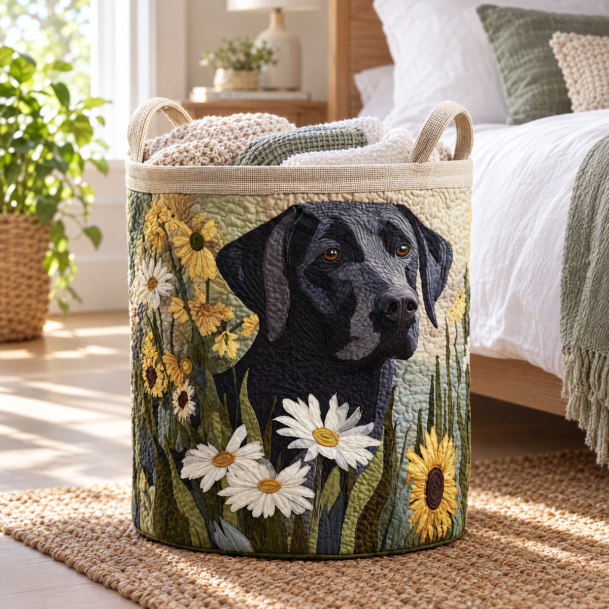 Sofia hand-quilted laundry basket with a black Labrador among daisies and sunflowers, in a living room