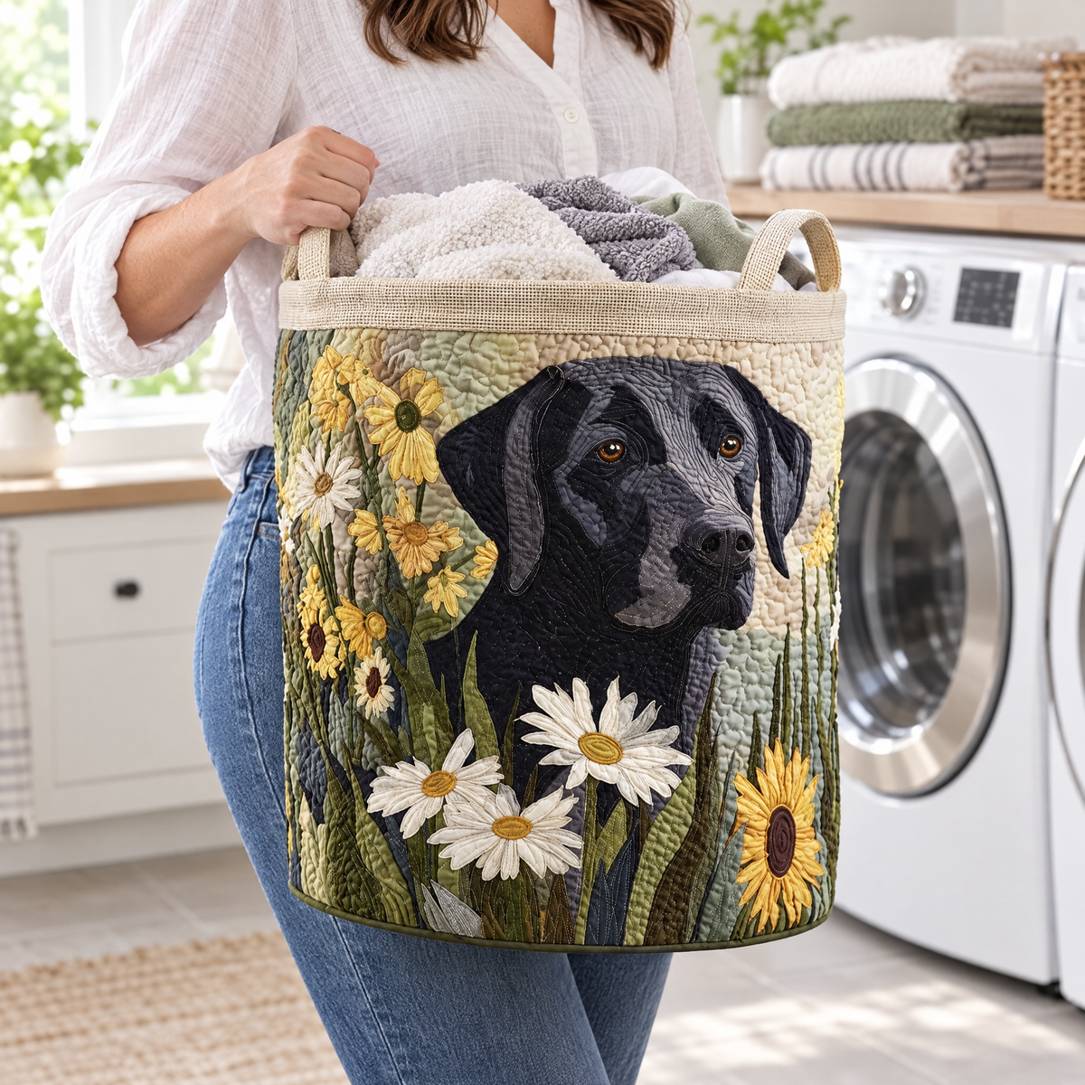 Sofia hand-quilted laundry basket with a black Labrador among daisies and sunflowers, carried in a laundry room