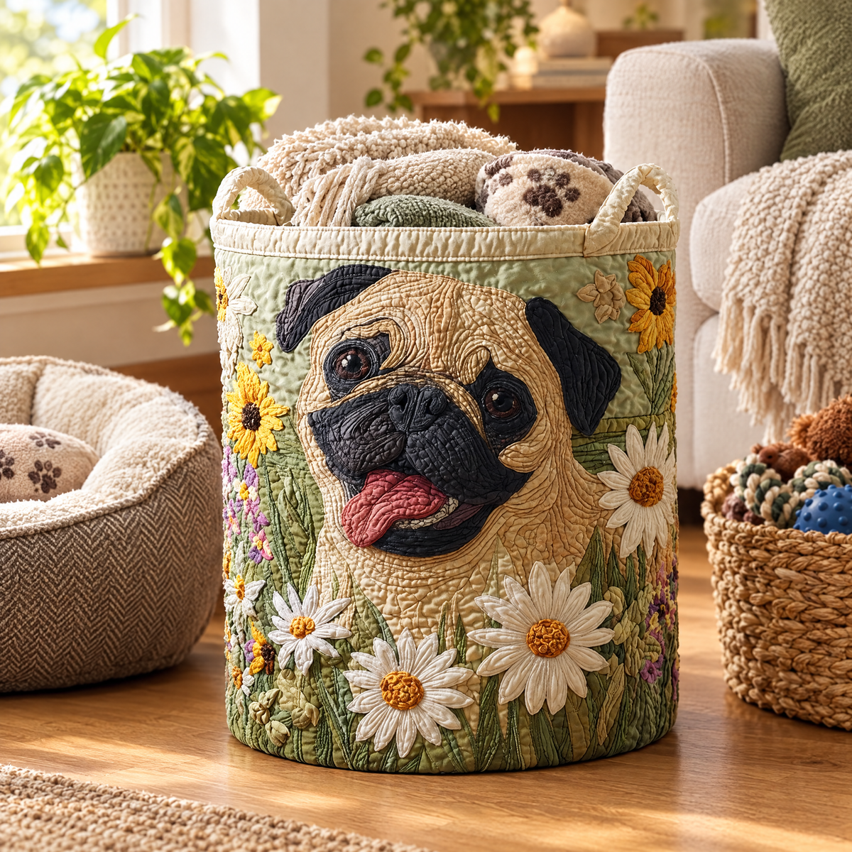 Norma hand-quilted laundry basket with a pug among daisies and sunflowers, styled in the home