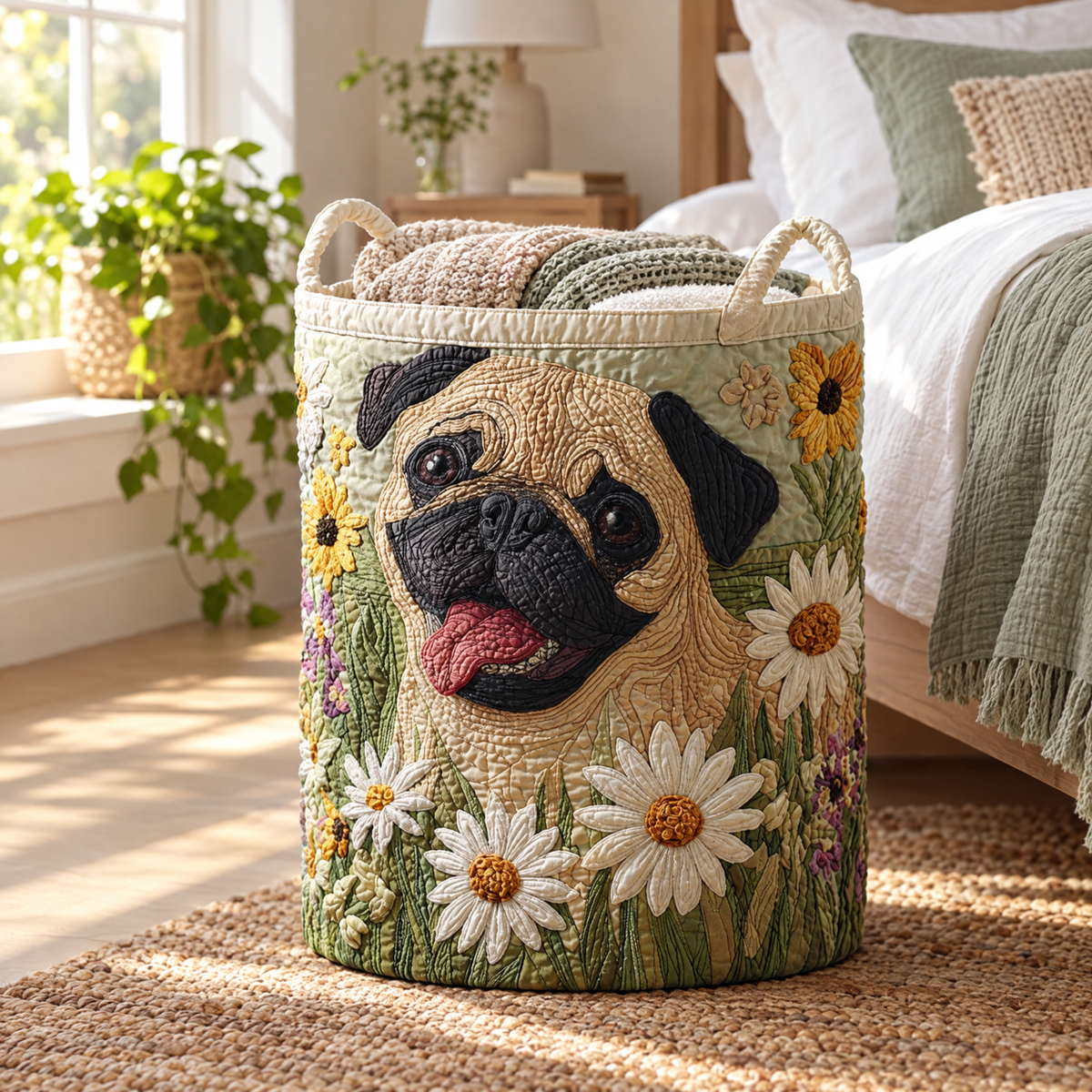 Norma hand-quilted laundry basket with a pug among daisies and sunflowers, styled in the home