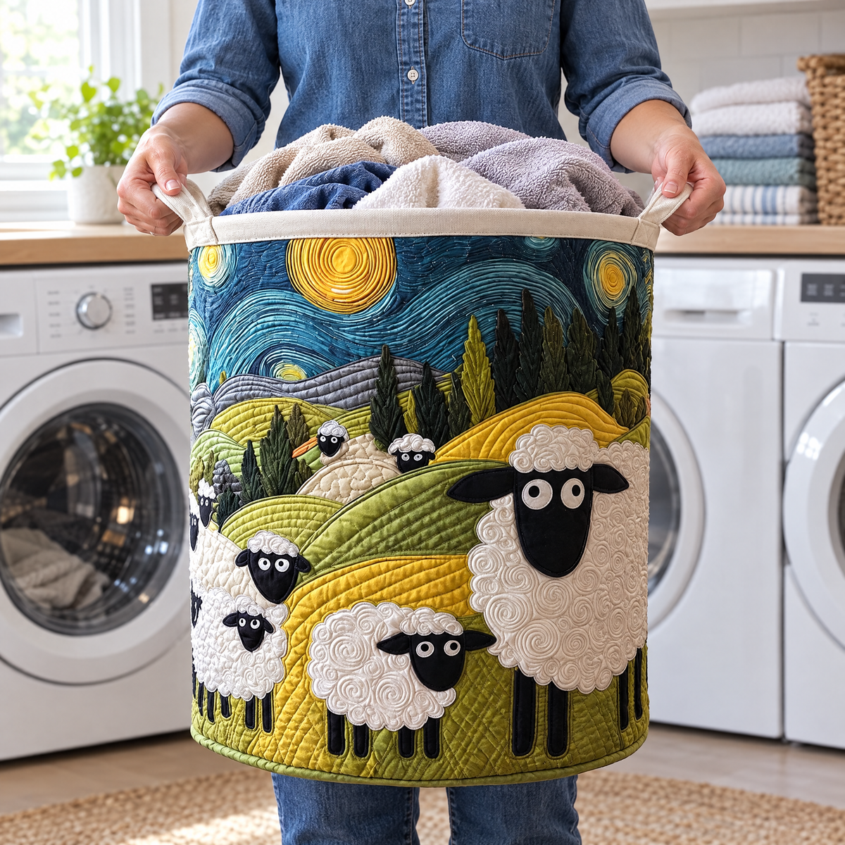Maddalena hand-quilted laundry basket with fluffy sheep on rolling hills under a starry sky, lifestyle view in use