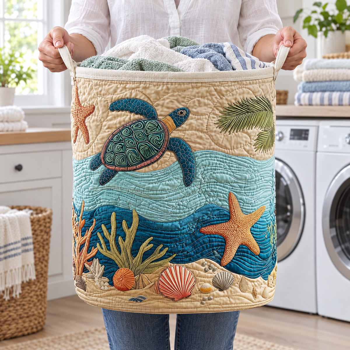 Ottavia hand-quilted laundry basket with a sea turtle, starfish and shells, styled in the home
