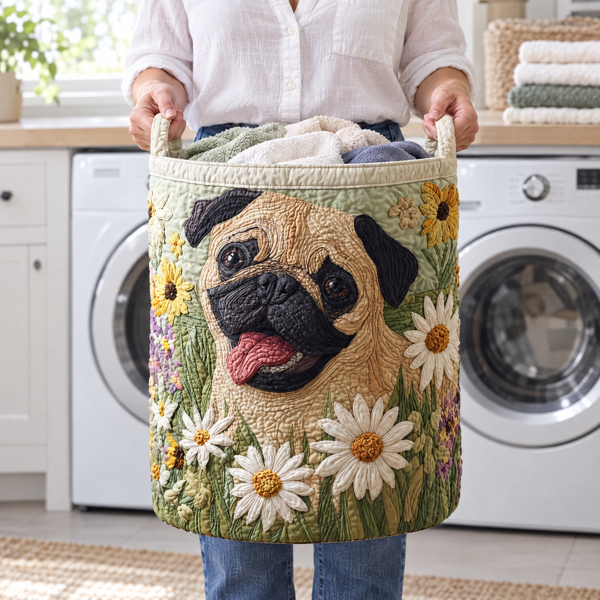 Norma hand-quilted laundry basket with a pug among daisies and sunflowers, styled in the home