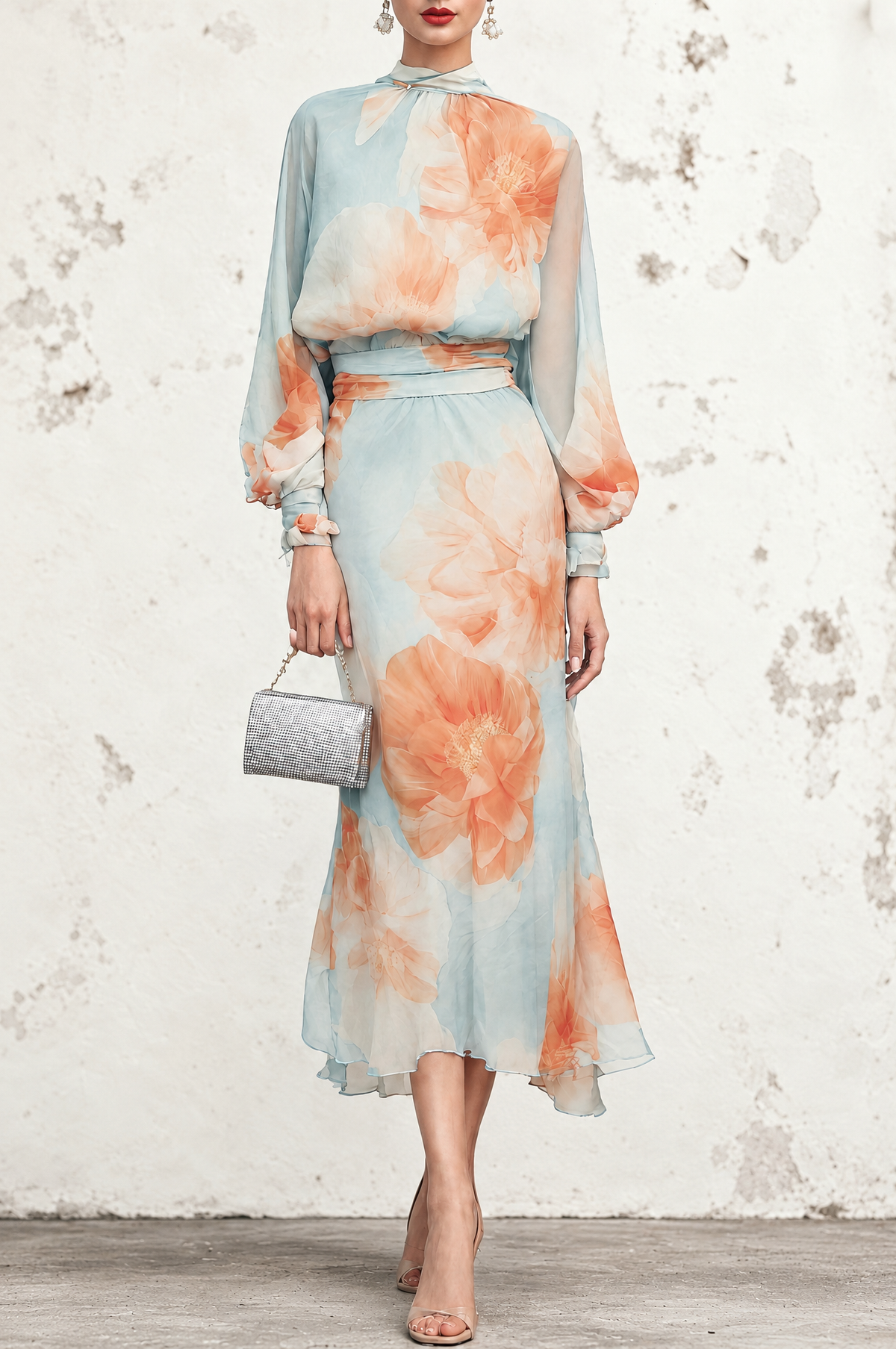 Zillah blouse and floral midi skirt set in light blue, full-length front view