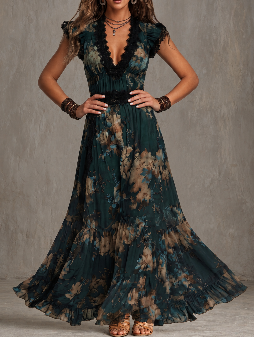 Liberty floral chiffon maxi dress in dark green, full-length front view