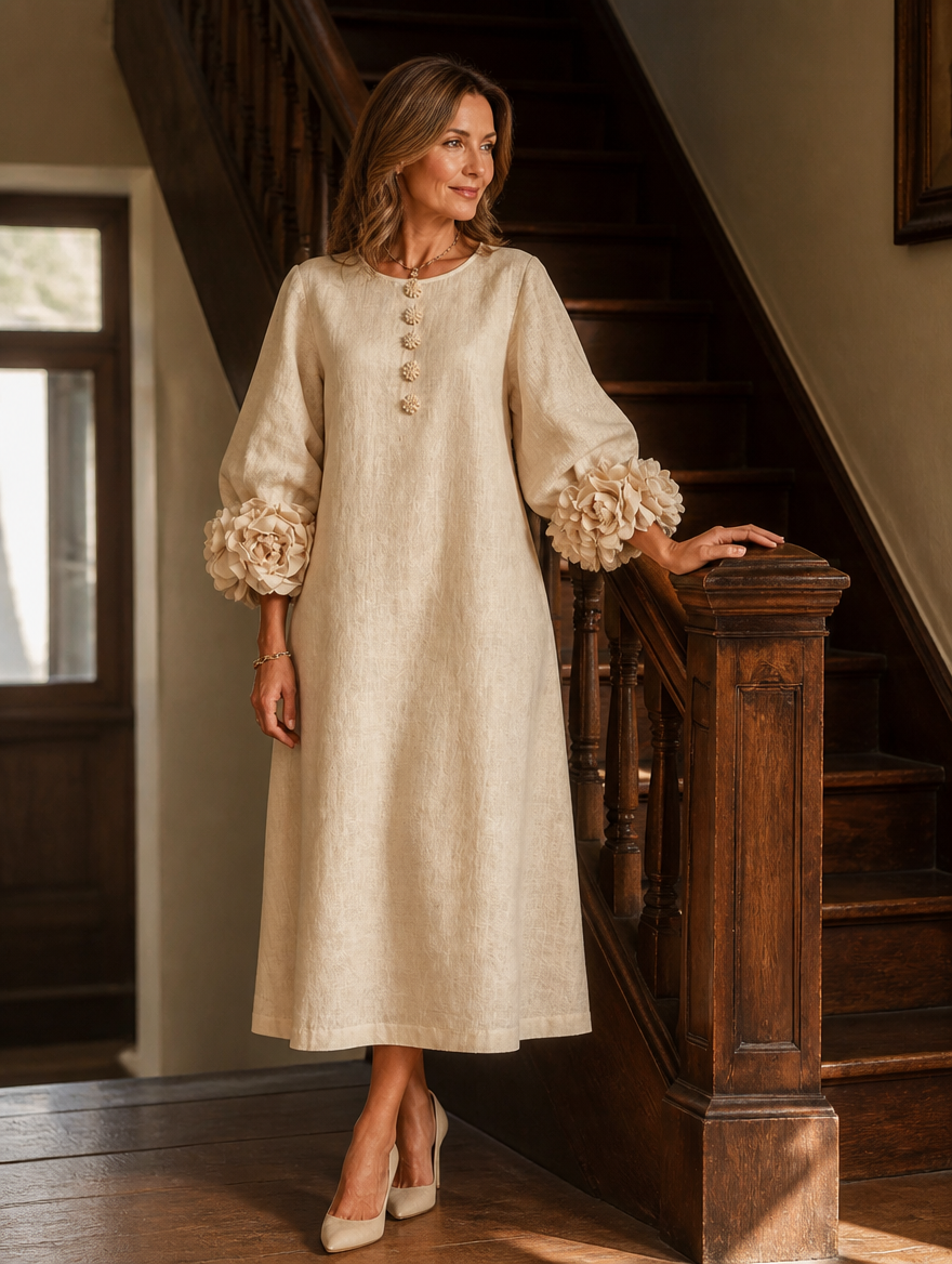 Hyacinthe floral cuff midi dress in apricot, styled at home