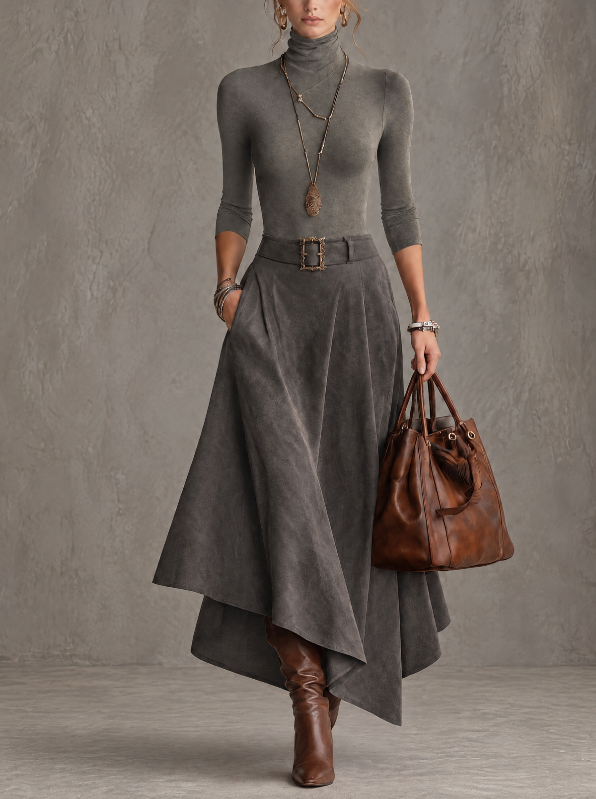 Delphina turtleneck top and asymmetric midi skirt set in grey, full-length front view