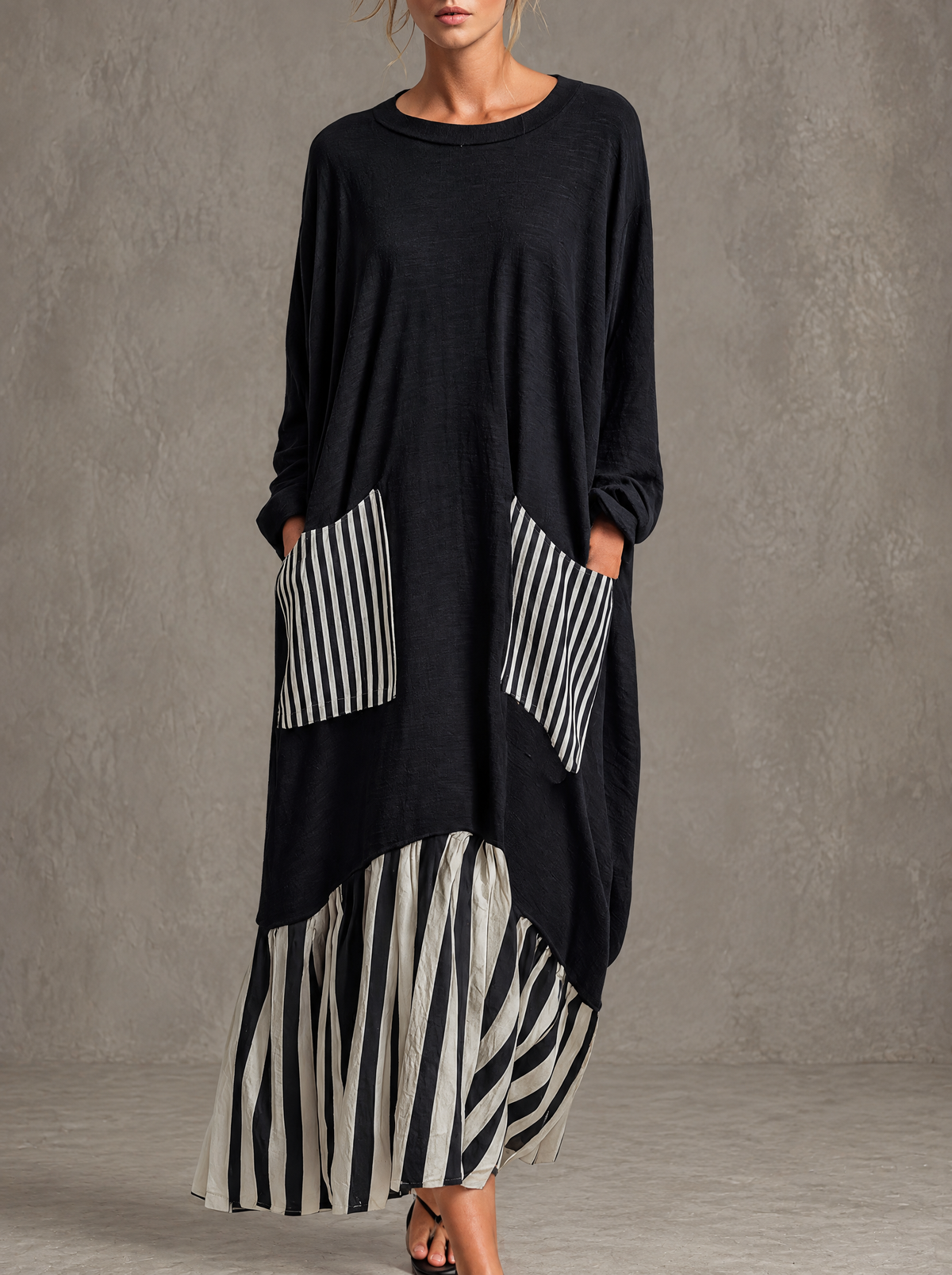 Celandine oversized stripe patchwork maxi dress in black, full-length front view