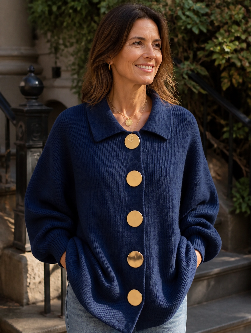 Zelda oversized collared cardigan in navy blue, worn outdoors