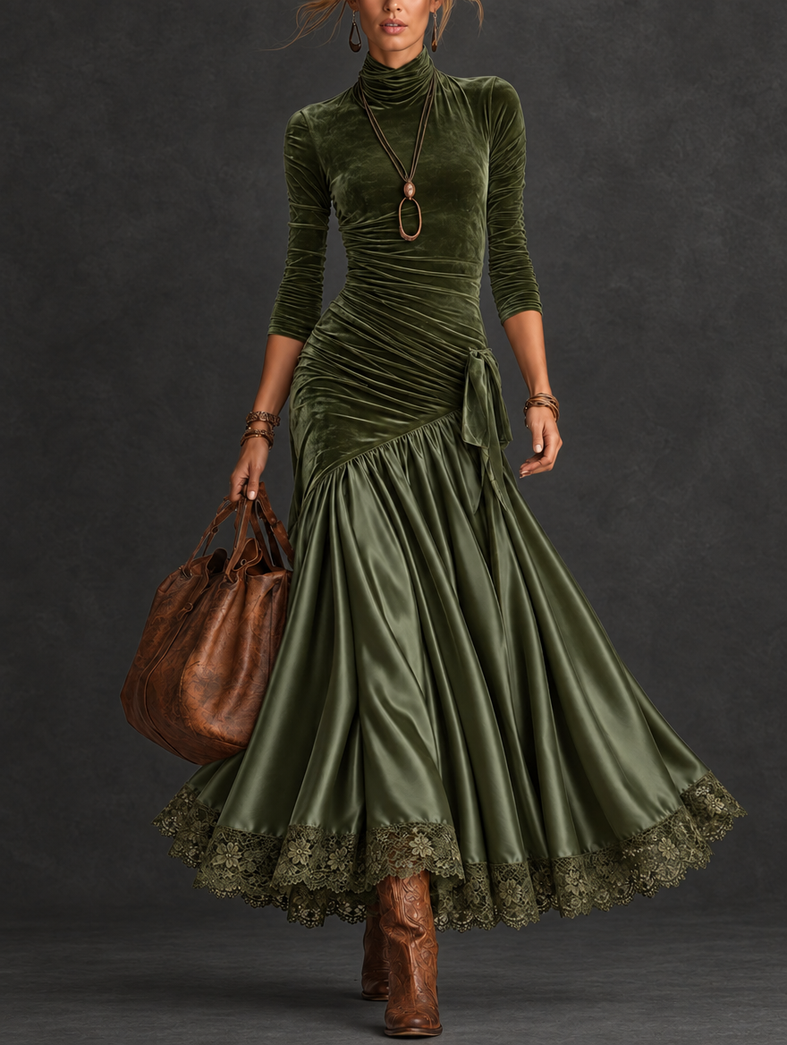 Benedicta velvet and satin maxi dress in olive green, walking front view