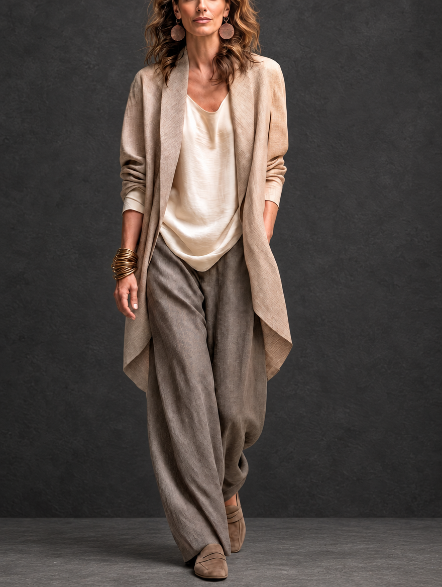 Gwenllian three-piece wide-leg trouser set in beige grey, full-length front view