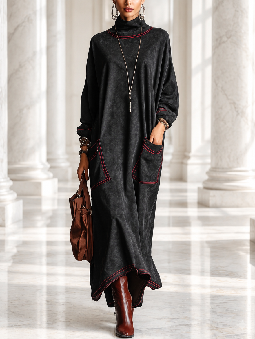 Senara contrast-stitch maxi dress in black, front view