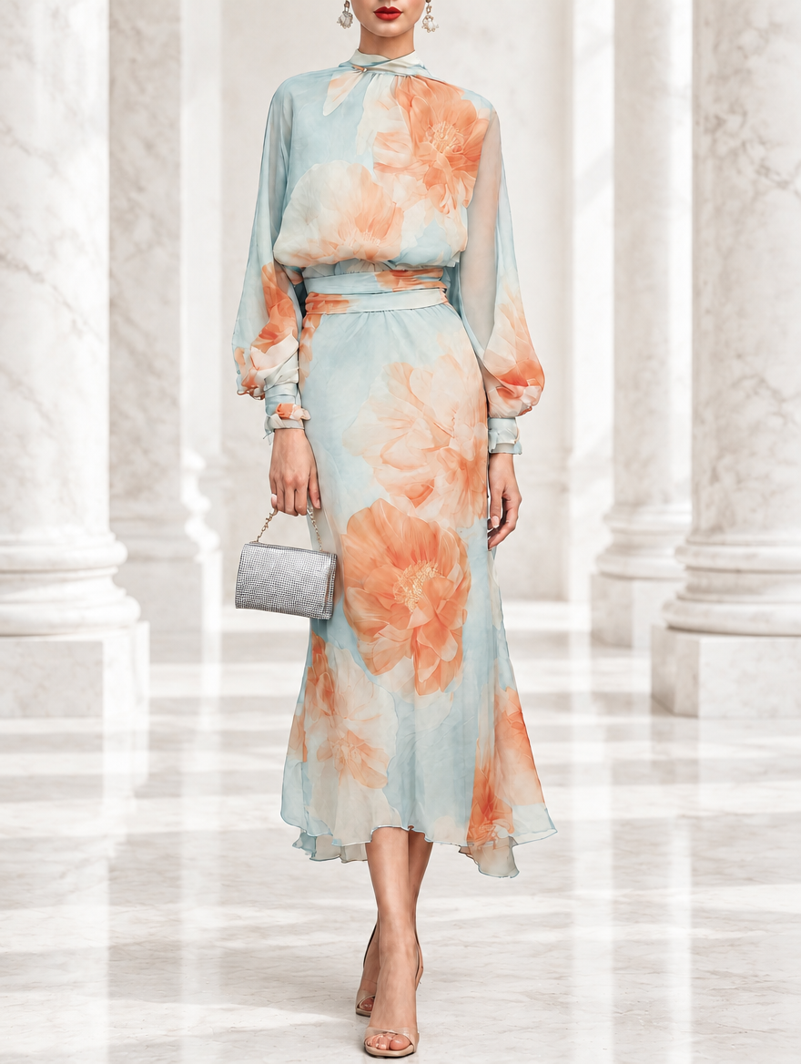Zillah blouse and floral midi skirt set in light blue, front view