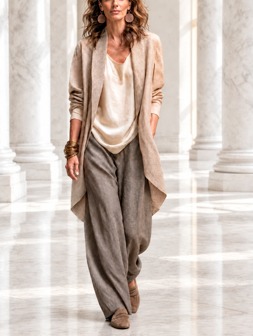 Gwenllian three-piece wide-leg trouser set in beige grey, front view