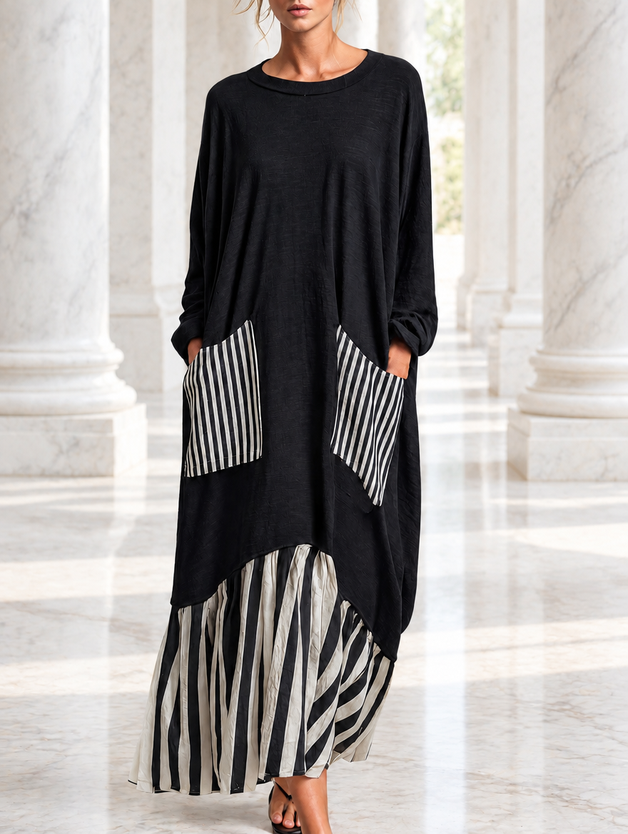 Celandine oversized stripe patchwork maxi dress in black, front view