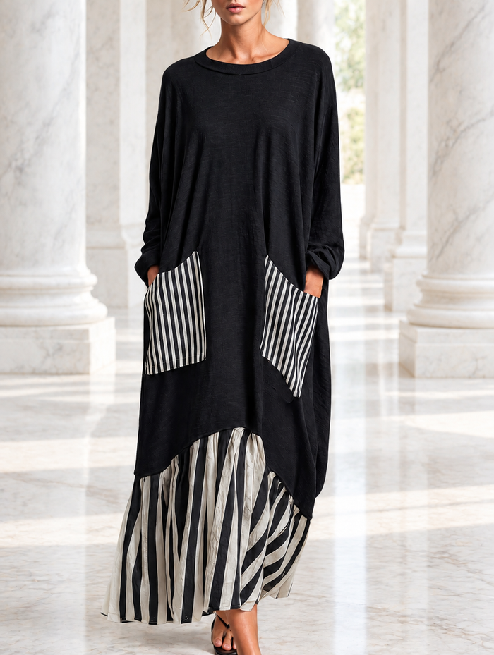 Celandine oversized stripe patchwork maxi dress in black, front view