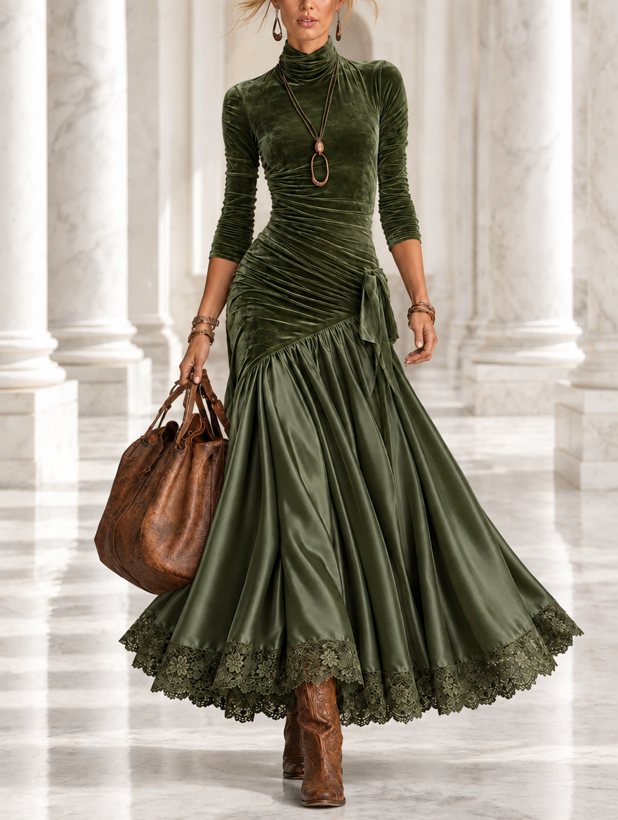 Benedicta velvet and satin maxi dress in olive green, front view
