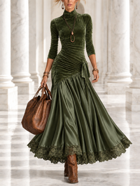BENEDICTA | VELVET AND SATIN MAXI DRESS WITH LACE HEM