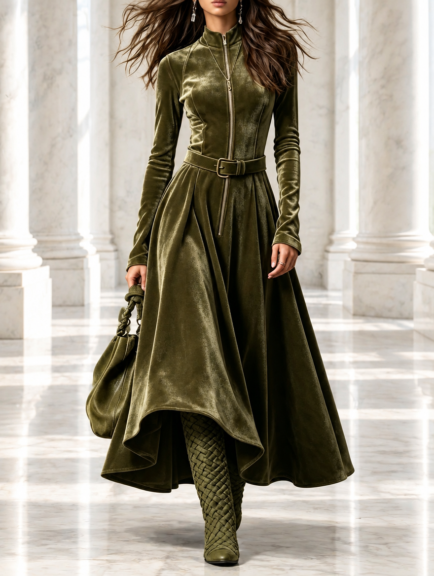 Jocasta velvet zip-front maxi dress in green, front view