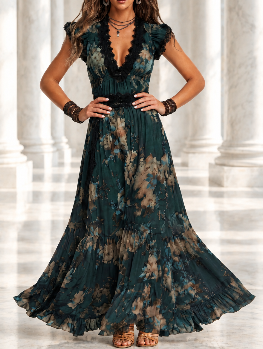 Liberty floral chiffon maxi dress in dark green, front view