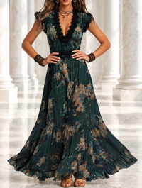 LIBERTY | FLORAL CHIFFON MAXI DRESS WITH LACE V-NECK