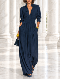 WYNNE | PLEATED V-NECK MAXI DRESS WITH POCKETS